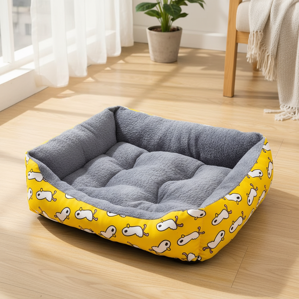 Cama de cão amarela com patos 🦆💛